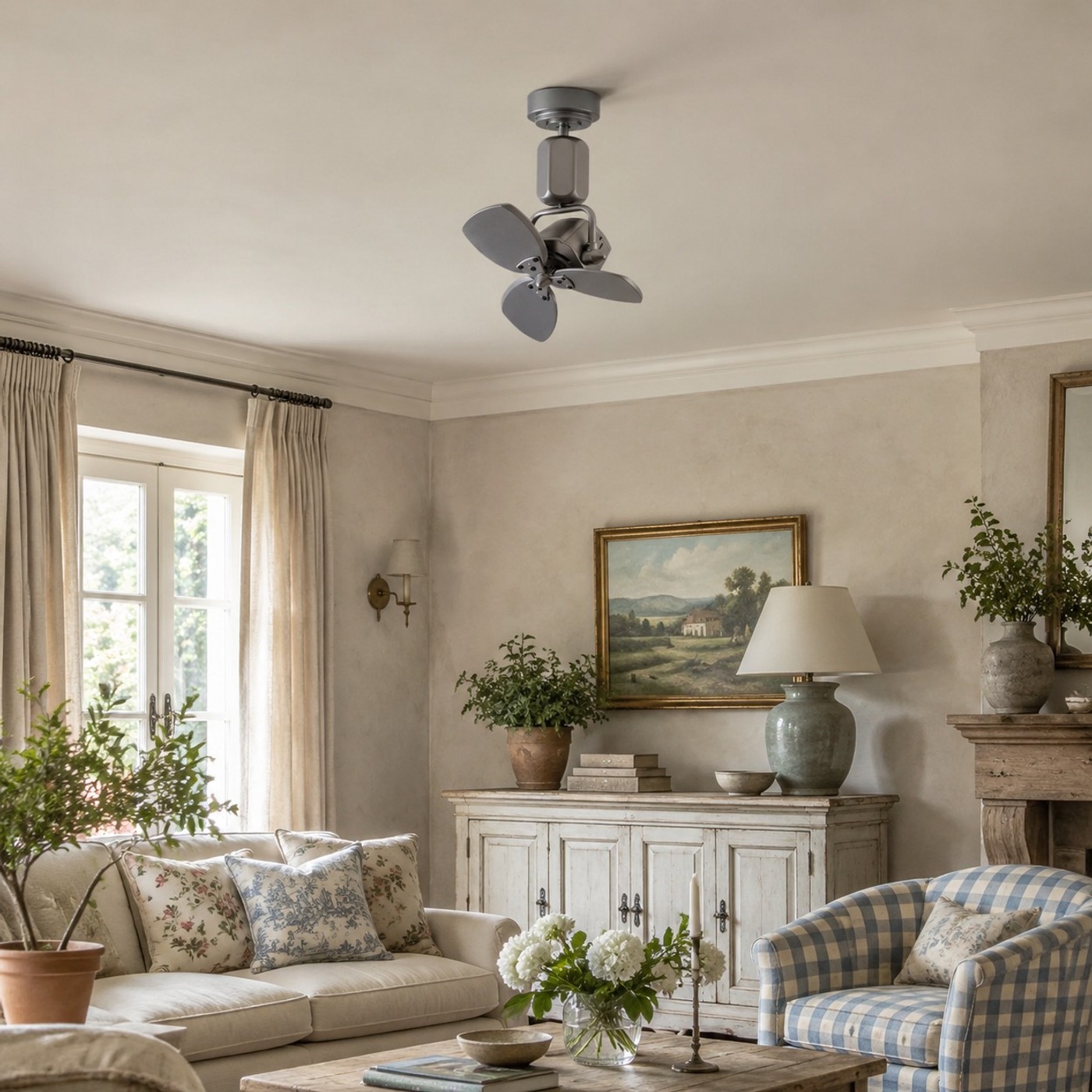 Compact ceiling fan in a country style living room